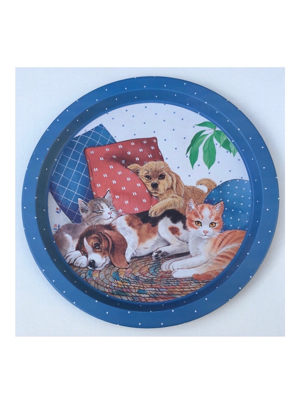 Vintage JSNY Dog & Cat Round Tin Tray 13"